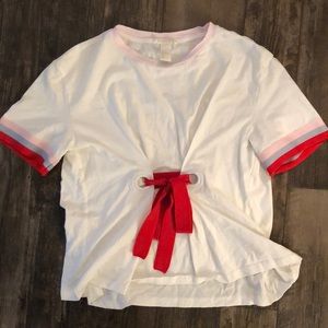 H&M White Top with Colored Striped Sleeves and Tie